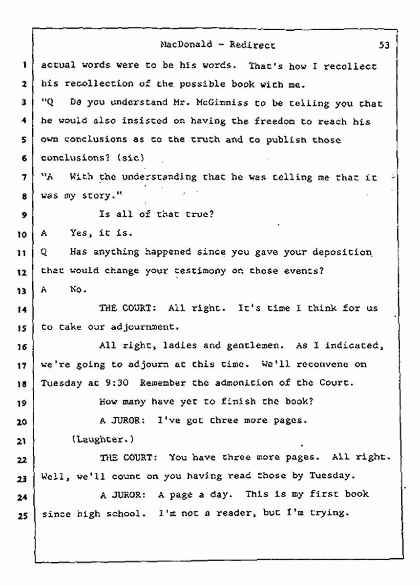 Los Angeles, California Civil Trial<br>Jeffrey MacDonald vs. Joe McGinniss<br><br>July 31, 1987:<br>Plaintiff's Witness: Jeffrey MacDonald, p. 53