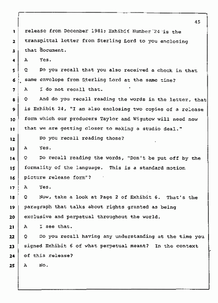 Los Angeles, California Civil Trial<br>Jeffrey MacDonald vs. Joe McGinniss<br><br>August 4, 1987:<br>Plaintiff's Witness: Jeffrey MacDonald, p. 45