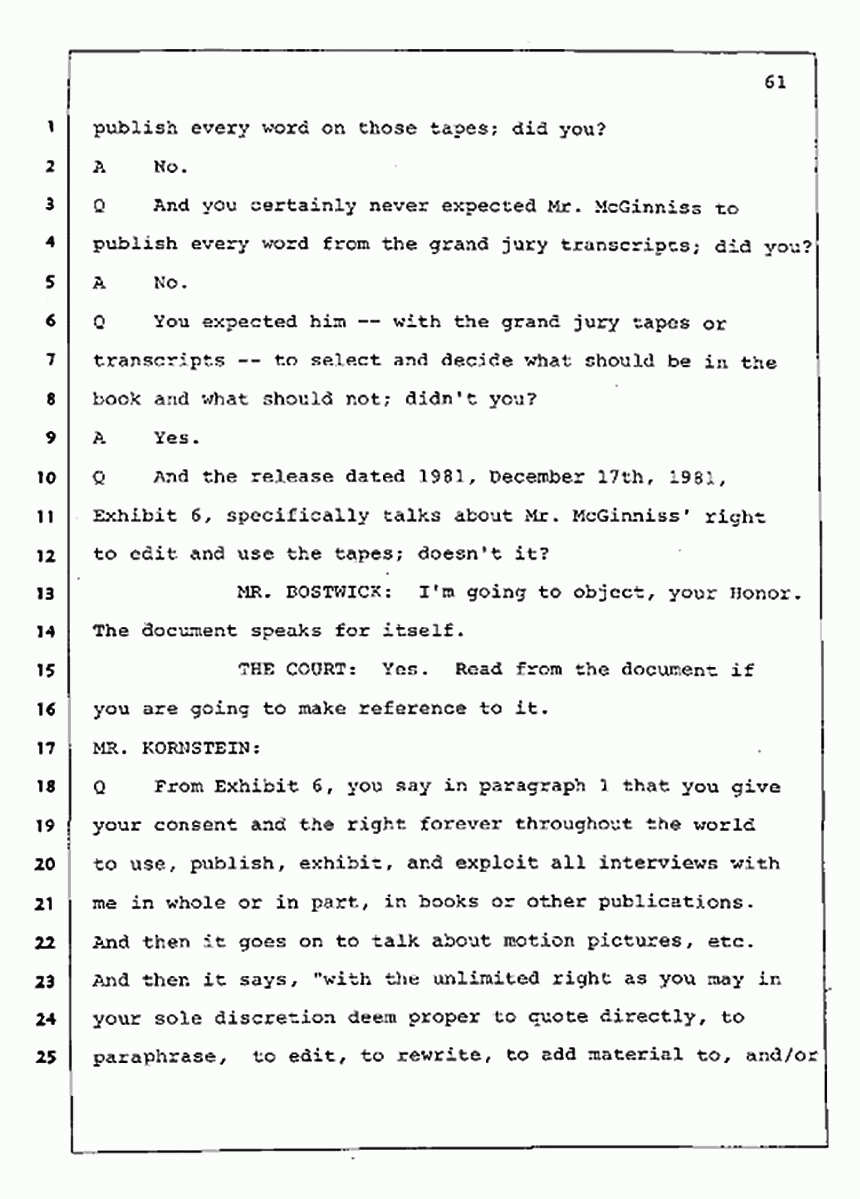 Los Angeles, California Civil Trial<br>Jeffrey MacDonald vs. Joe McGinniss<br><br>August 4, 1987:<br>Plaintiff's Witness: Jeffrey MacDonald, p. 61