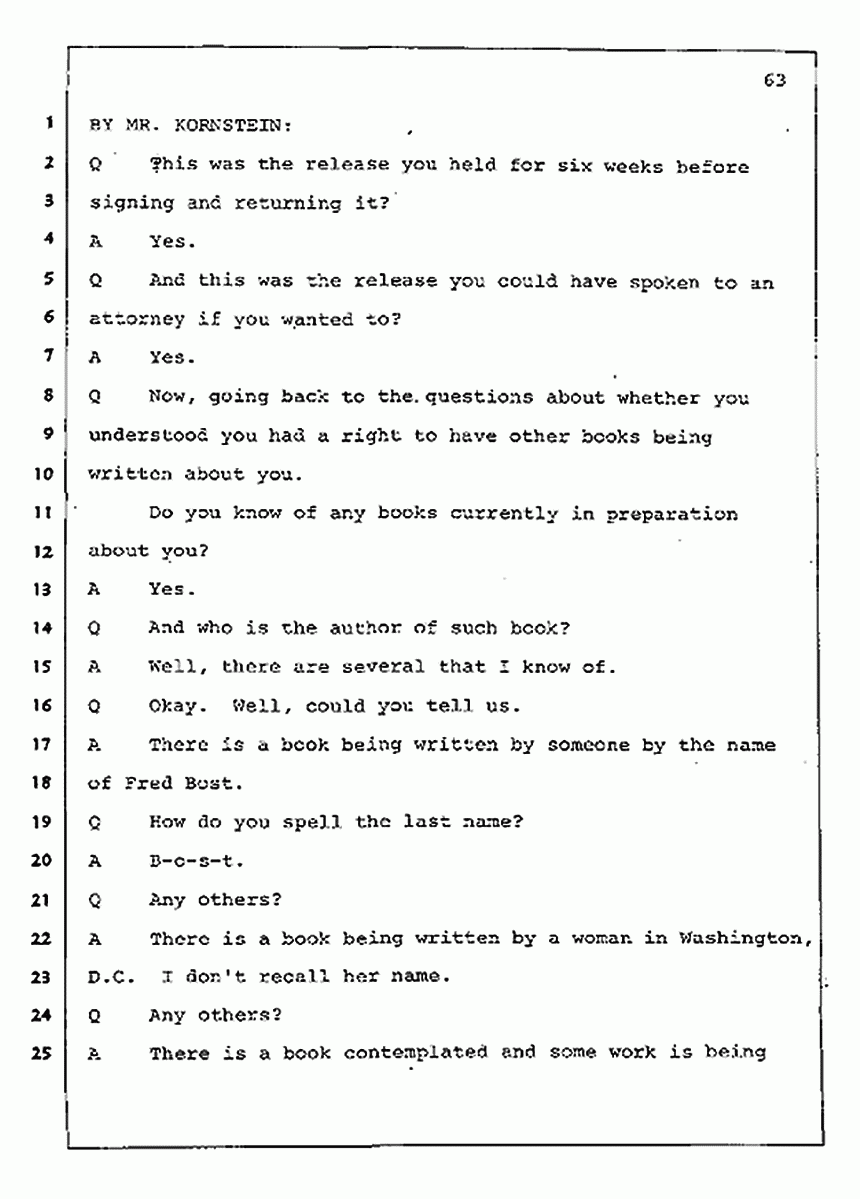 Los Angeles, California Civil Trial<br>Jeffrey MacDonald vs. Joe McGinniss<br><br>August 4, 1987:<br>Plaintiff's Witness: Jeffrey MacDonald, p. 63