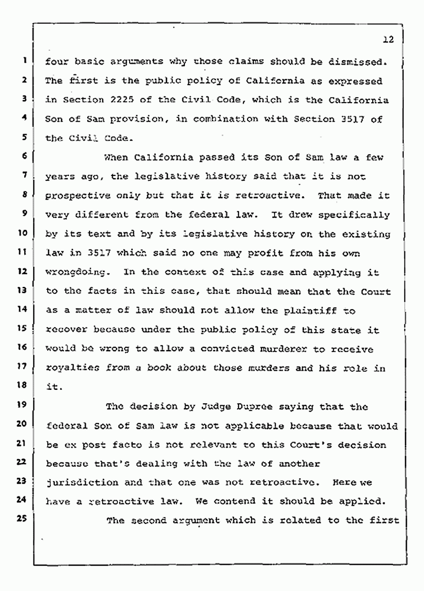 Los Angeles, California Civil Trial<br>Jeffrey MacDonald vs. Joe McGinniss<br><br>August 4, 1987:<br>Plaintiff's Witness: Jeffrey MacDonald, p. 12