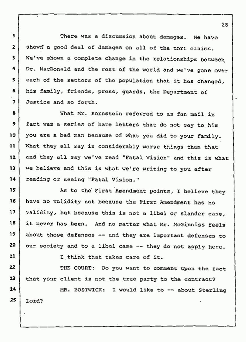 Los Angeles, California Civil Trial<br>Jeffrey MacDonald vs. Joe McGinniss<br><br>August 4, 1987:<br>Plaintiff's Witness: Jeffrey MacDonald, p. 28