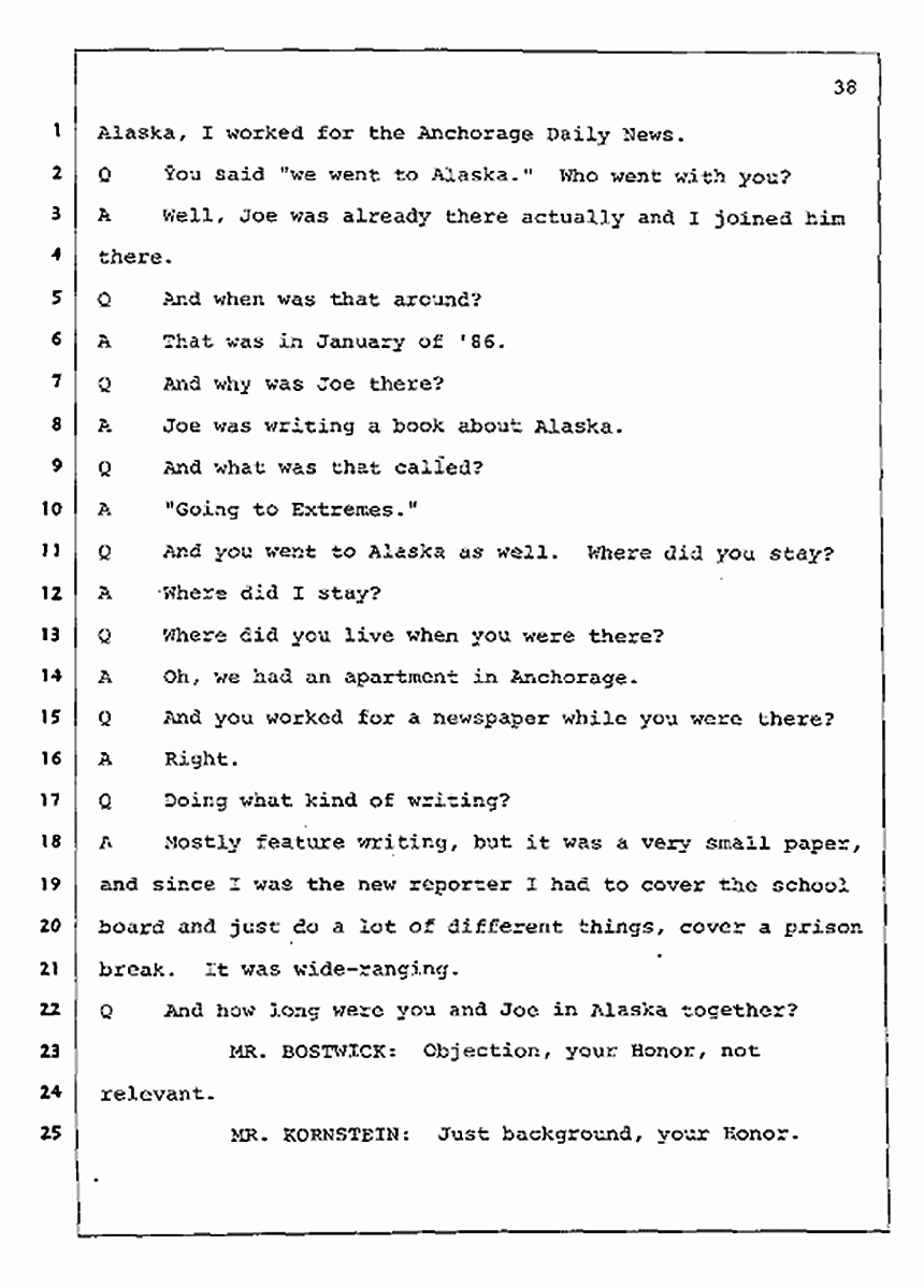 Los Angeles, California Civil Trial<br>Jeffrey MacDonald vs. Joe McGinniss<br><br>August 4, 1987:<br>Defendant's Witness: Nancy Doherty McGinniss, p. 38