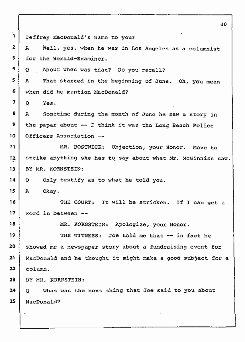 Los Angeles, California Civil Trial<br>Jeffrey MacDonald vs. Joe McGinniss<br><br>August 4, 1987:<br>Defendant's Witness: Nancy Doherty McGinniss, p. 40