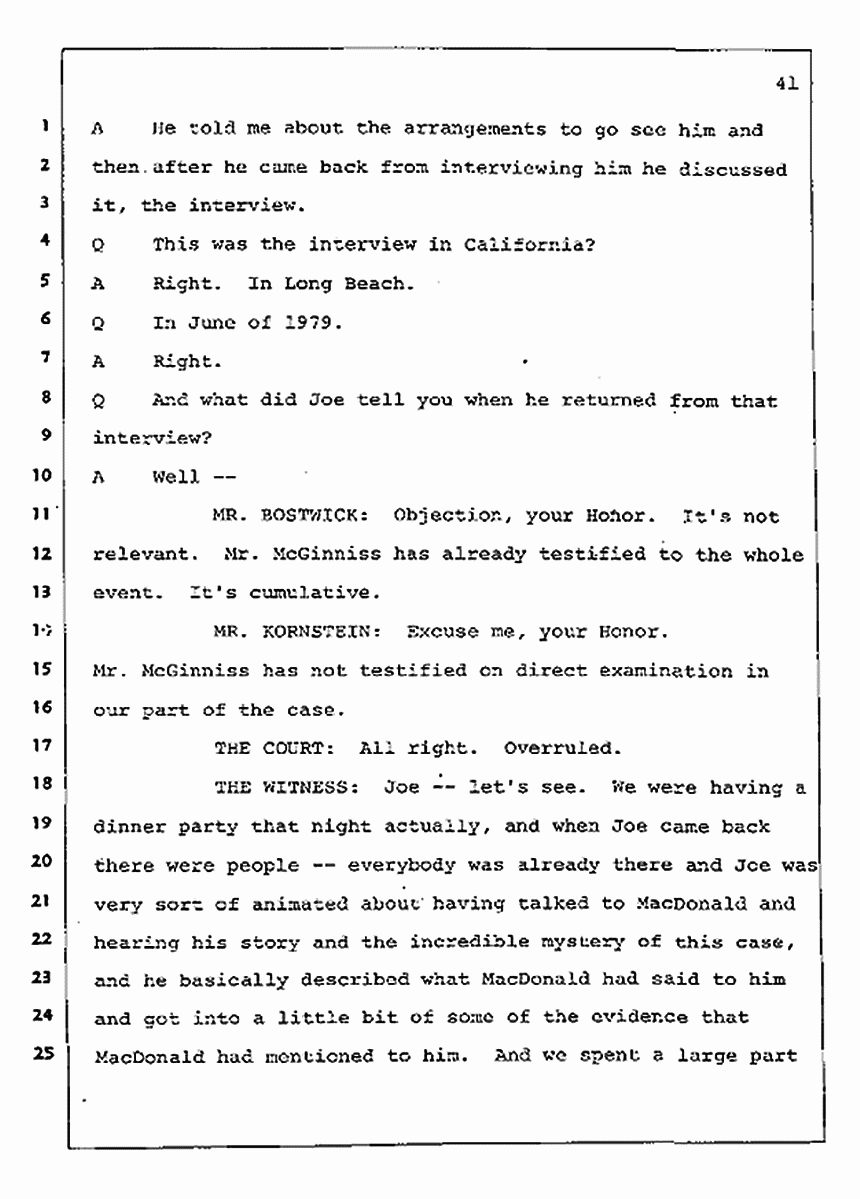 Los Angeles, California Civil Trial<br>Jeffrey MacDonald vs. Joe McGinniss<br><br>August 4, 1987:<br>Defendant's Witness: Nancy Doherty McGinniss, p. 41