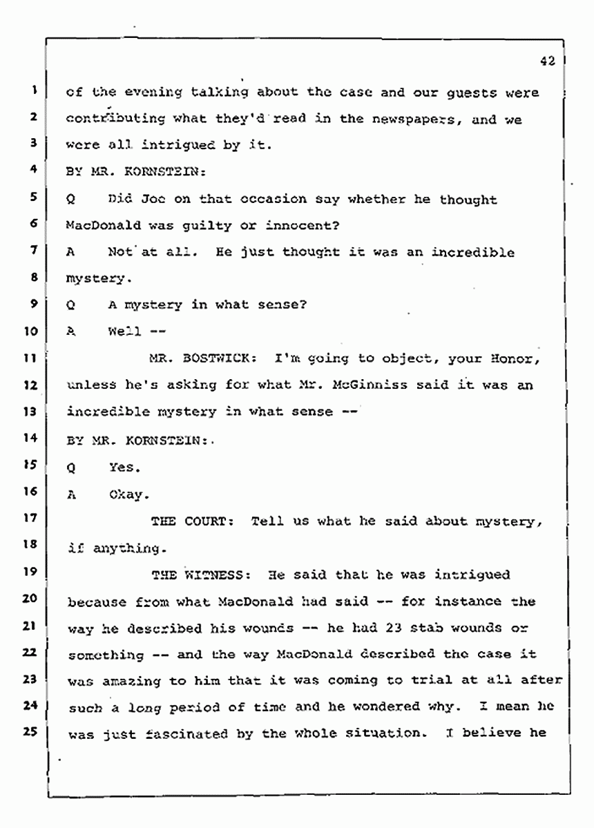 Los Angeles, California Civil Trial<br>Jeffrey MacDonald vs. Joe McGinniss<br><br>August 4, 1987:<br>Defendant's Witness: Nancy Doherty McGinniss, p. 42