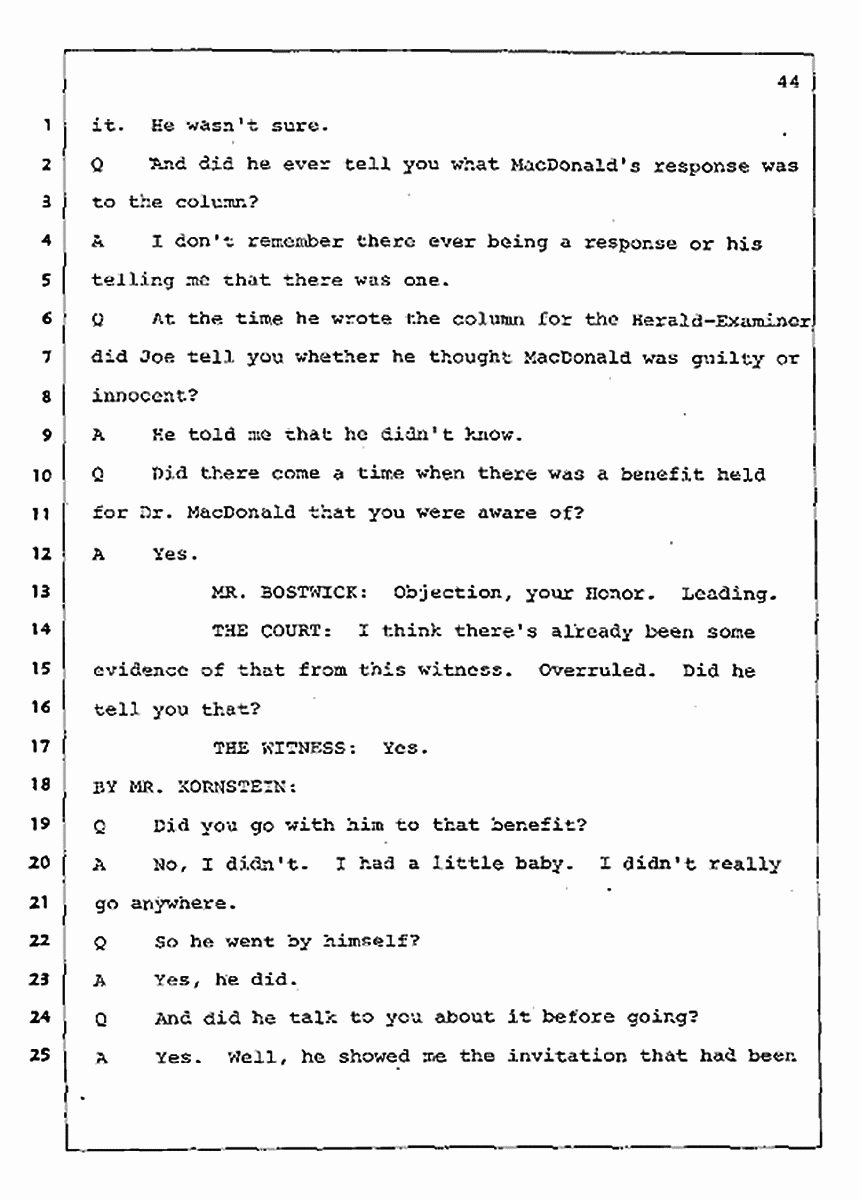 Los Angeles, California Civil Trial<br>Jeffrey MacDonald vs. Joe McGinniss<br><br>August 4, 1987:<br>Defendant's Witness: Nancy Doherty McGinniss, p. 44