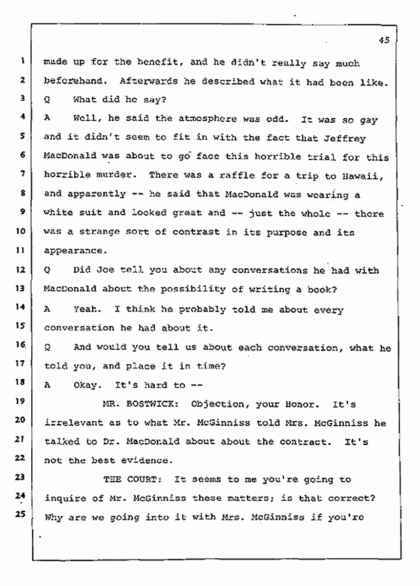 Los Angeles, California Civil Trial<br>Jeffrey MacDonald vs. Joe McGinniss<br><br>August 4, 1987:<br>Defendant's Witness: Nancy Doherty McGinniss, p. 45