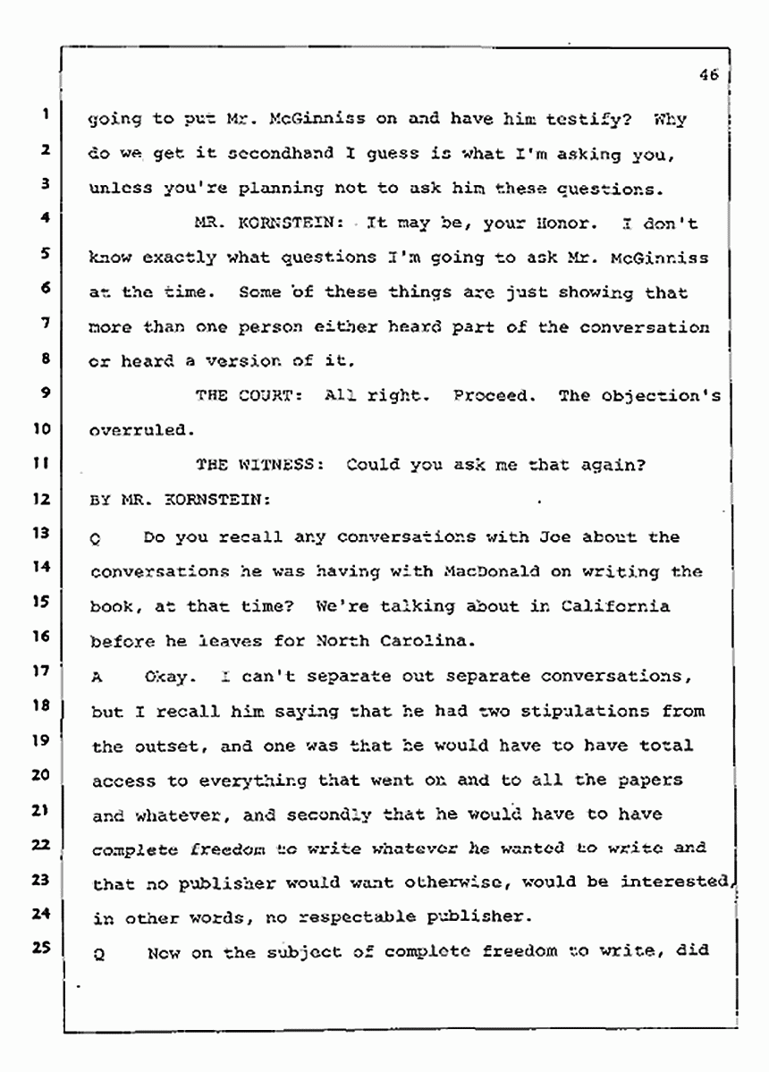 Los Angeles, California Civil Trial<br>Jeffrey MacDonald vs. Joe McGinniss<br><br>August 4, 1987:<br>Defendant's Witness: Nancy Doherty McGinniss, p. 46