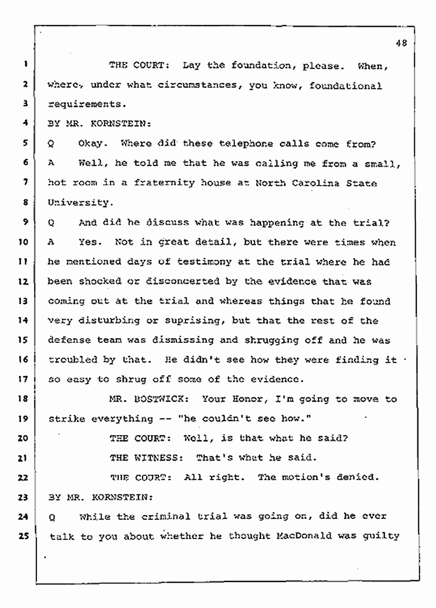 Los Angeles, California Civil Trial<br>Jeffrey MacDonald vs. Joe McGinniss<br><br>August 4, 1987:<br>Defendant's Witness: Nancy Doherty McGinniss, p. 48