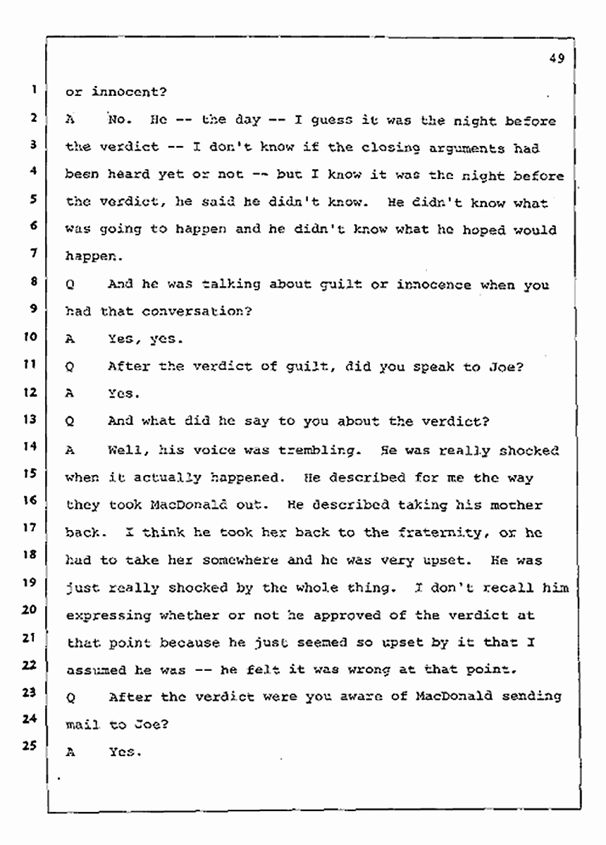Los Angeles, California Civil Trial<br>Jeffrey MacDonald vs. Joe McGinniss<br><br>August 4, 1987:<br>Defendant's Witness: Nancy Doherty McGinniss, p. 49