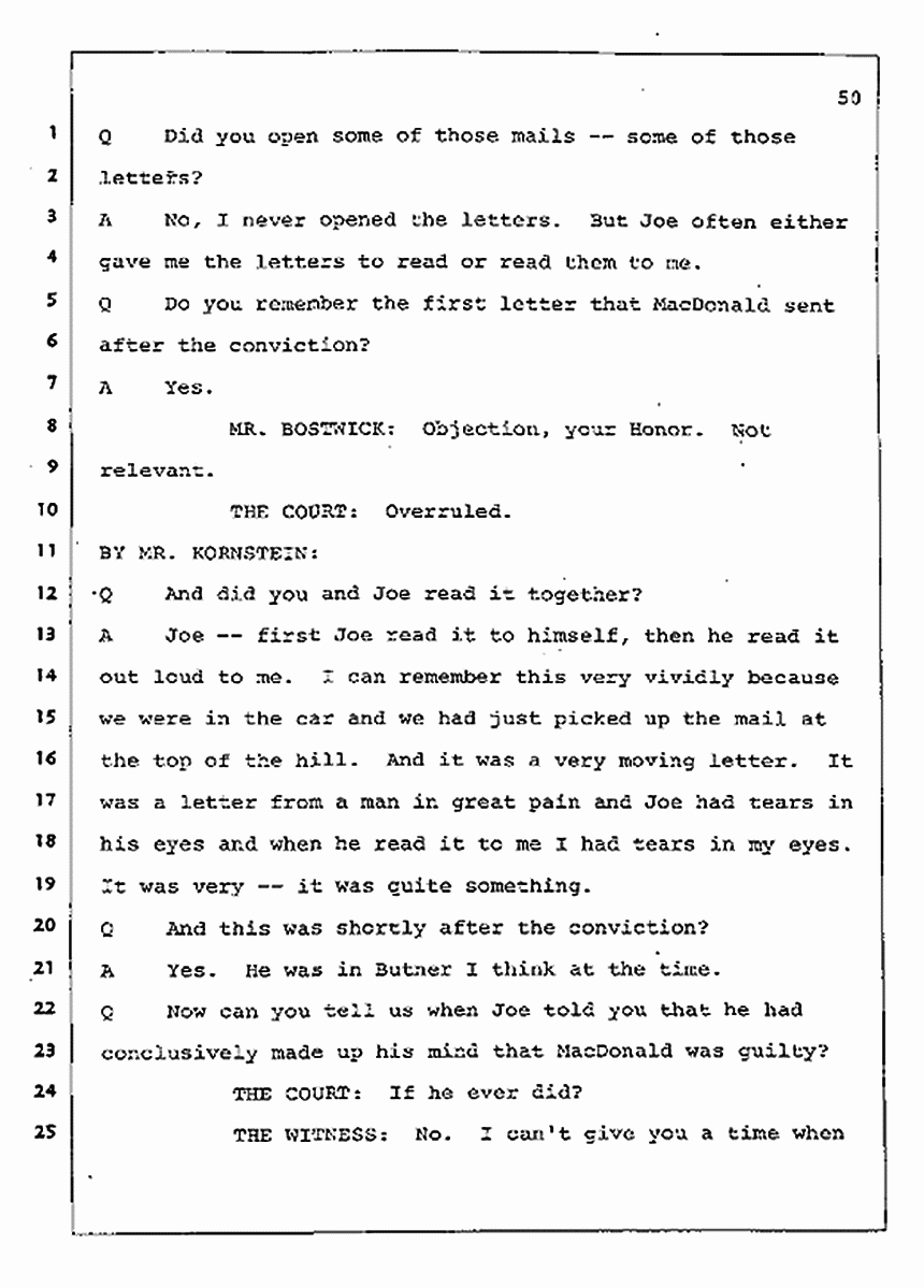 Los Angeles, California Civil Trial<br>Jeffrey MacDonald vs. Joe McGinniss<br><br>August 4, 1987:<br>Defendant's Witness: Nancy Doherty McGinniss, p. 50