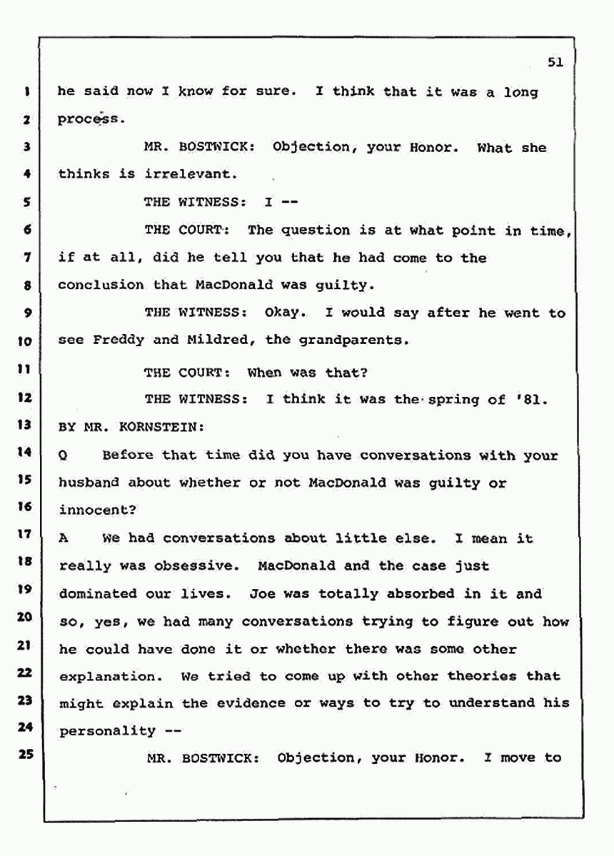 Los Angeles, California Civil Trial<br>Jeffrey MacDonald vs. Joe McGinniss<br><br>August 4, 1987:<br>Defendant's Witness: Nancy Doherty McGinniss, p. 51