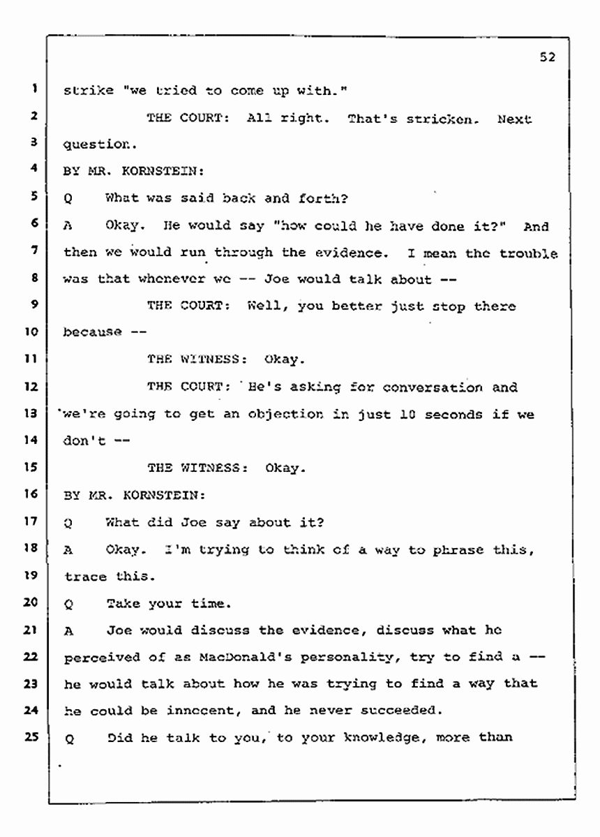 Los Angeles, California Civil Trial<br>Jeffrey MacDonald vs. Joe McGinniss<br><br>August 4, 1987:<br>Defendant's Witness: Nancy Doherty McGinniss, p. 52