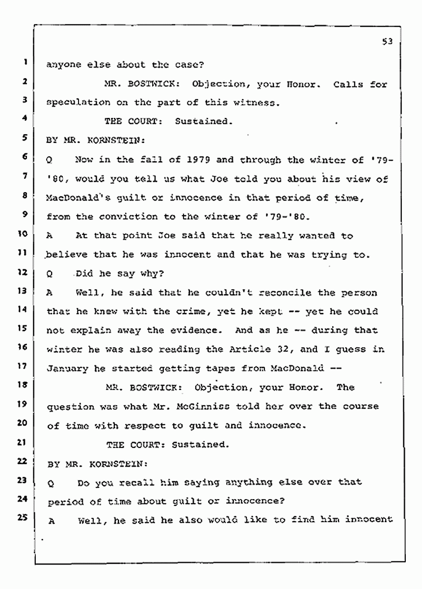 Los Angeles, California Civil Trial<br>Jeffrey MacDonald vs. Joe McGinniss<br><br>August 4, 1987:<br>Defendant's Witness: Nancy Doherty McGinniss, p. 53