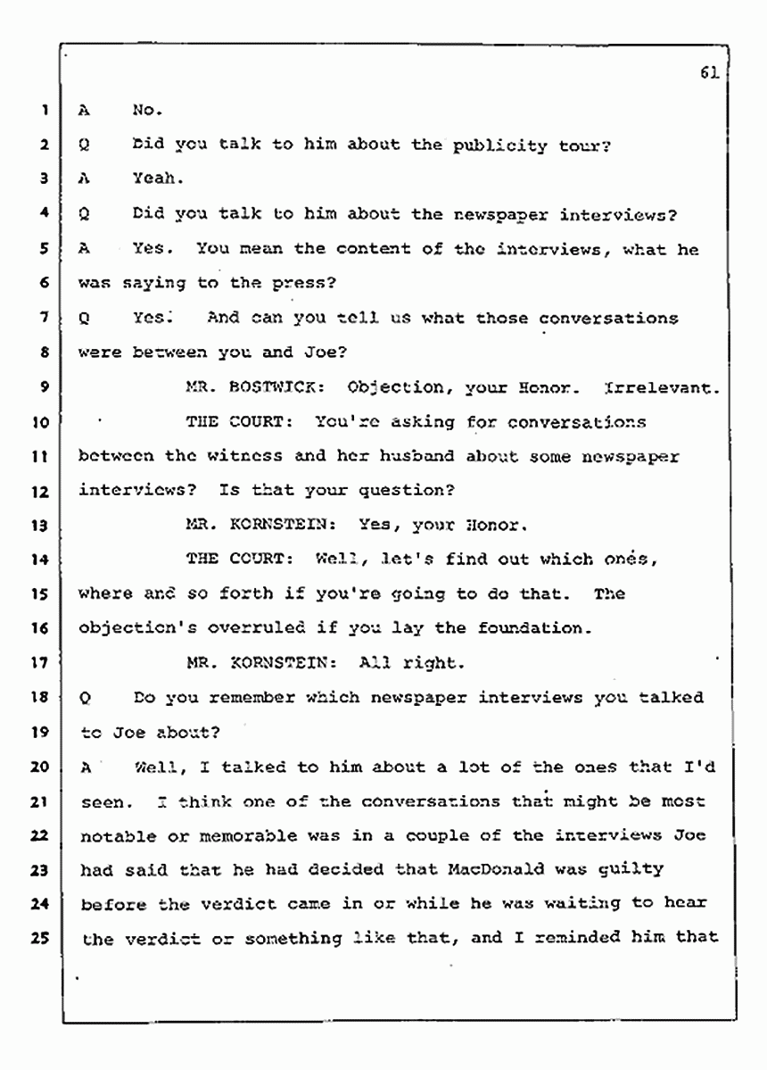 Los Angeles, California Civil Trial<br>Jeffrey MacDonald vs. Joe McGinniss<br><br>August 4, 1987:<br>Defendant's Witness: Nancy Doherty McGinniss, p. 61