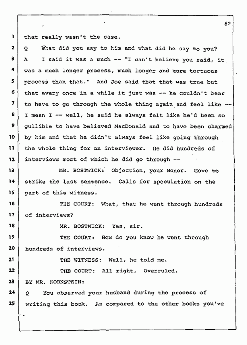 Los Angeles, California Civil Trial<br>Jeffrey MacDonald vs. Joe McGinniss<br><br>August 4, 1987:<br>Defendant's Witness: Nancy Doherty McGinniss, p. 62