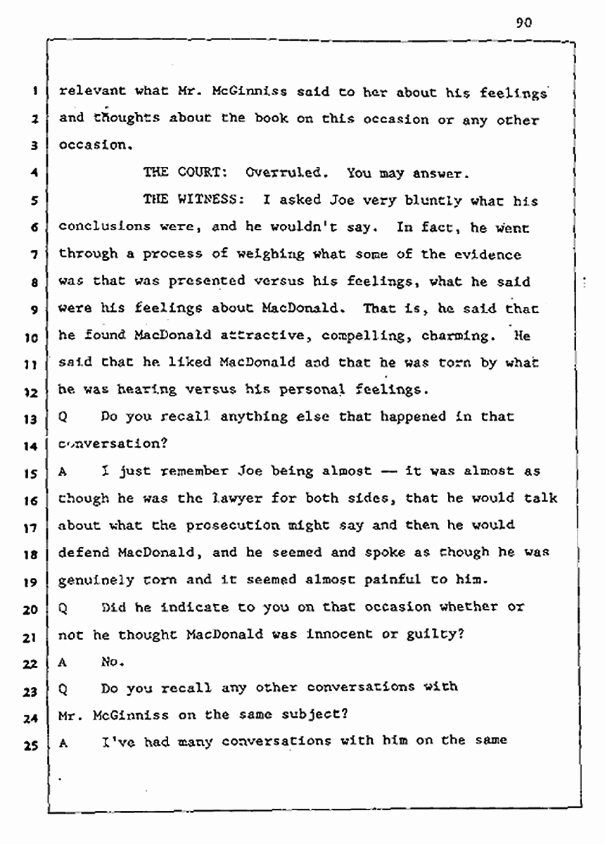 Los Angeles, California Civil Trial<br>Jeffrey MacDonald vs. Joe McGinniss<br><br>August 5, 1987:<br>Defendant's Witness: Cynthia Crossen, p. 90