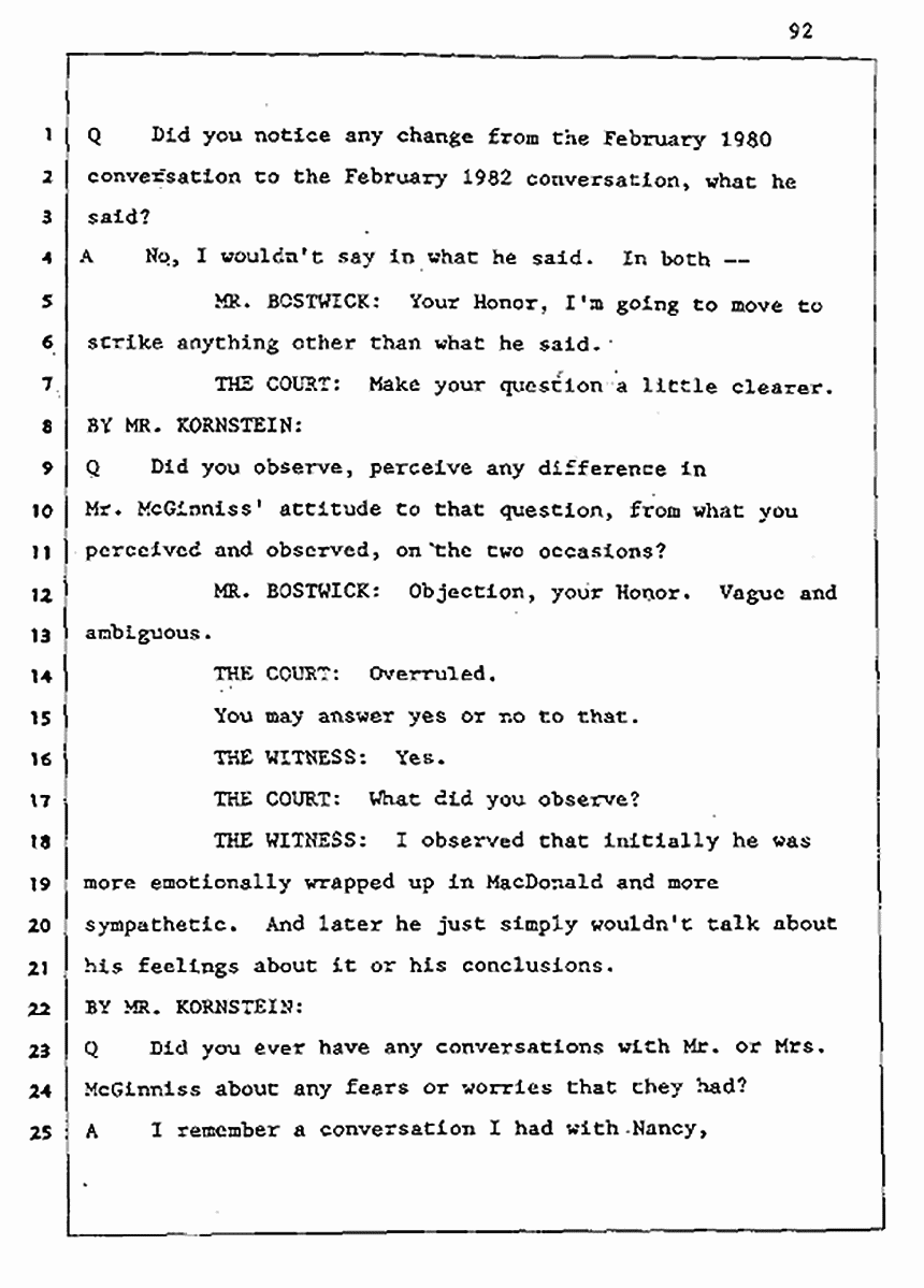 Los Angeles, California Civil Trial<br>Jeffrey MacDonald vs. Joe McGinniss<br><br>August 5, 1987:<br>Defendant's Witness: Cynthia Crossen, p. 92