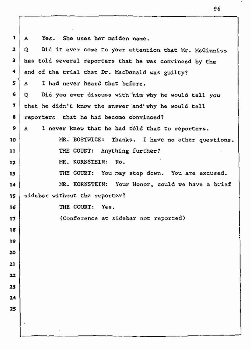 Los Angeles, California Civil Trial<br>Jeffrey MacDonald vs. Joe McGinniss<br><br>August 5, 1987:<br>Defendant's Witness: Cynthia Crossen, p. 96