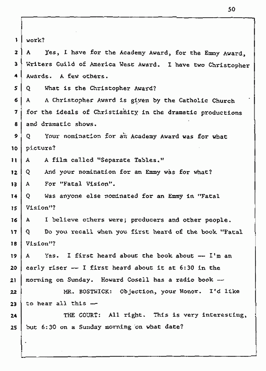 Los Angeles, California Civil Trial<br>Jeffrey MacDonald vs. Joe McGinniss<br><br>August 5, 1987:<br>Defendant's Witness: John Gay, p. 50