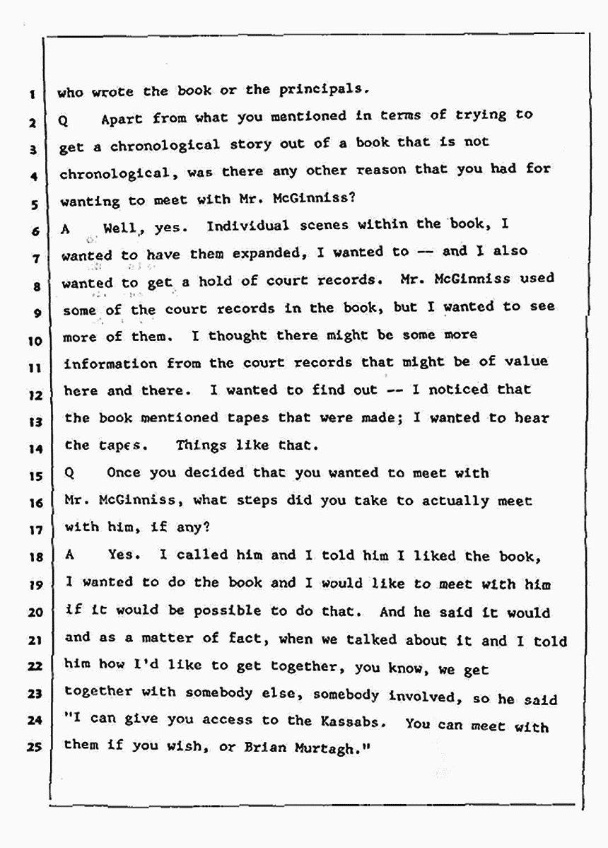 Los Angeles, California Civil Trial<br>Jeffrey MacDonald vs. Joe McGinniss<br><br>August 5, 1987:<br>Defendant's Witness: John Gay, p. 53