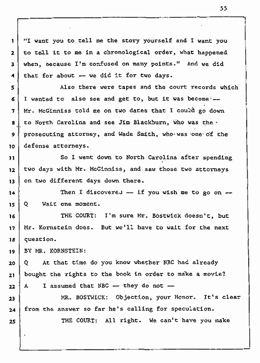 Los Angeles, California Civil Trial<br>Jeffrey MacDonald vs. Joe McGinniss<br><br>August 5, 1987:<br>Defendant's Witness: John Gay, p. 55