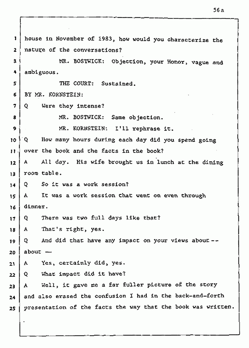 Los Angeles, California Civil Trial<br>Jeffrey MacDonald vs. Joe McGinniss<br><br>August 5, 1987:<br>Defendant's Witness: John Gay, p. 56a