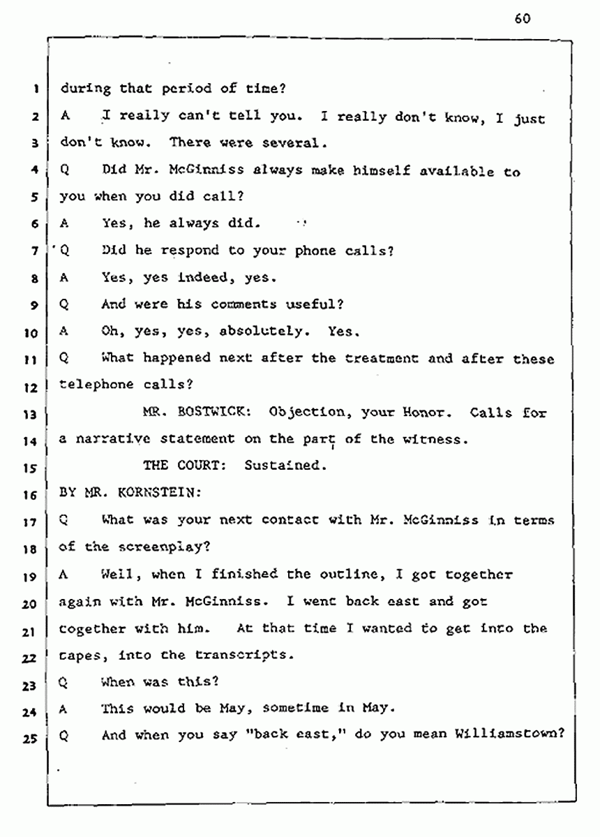 Los Angeles, California Civil Trial<br>Jeffrey MacDonald vs. Joe McGinniss<br><br>August 5, 1987:<br>Defendant's Witness: John Gay, p. 60