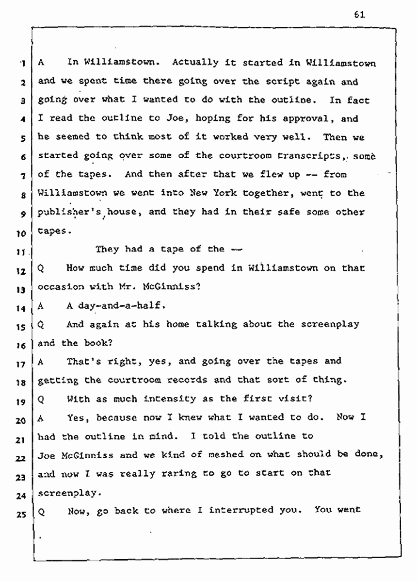 Los Angeles, California Civil Trial<br>Jeffrey MacDonald vs. Joe McGinniss<br><br>August 5, 1987:<br>Defendant's Witness: John Gay, p. 61