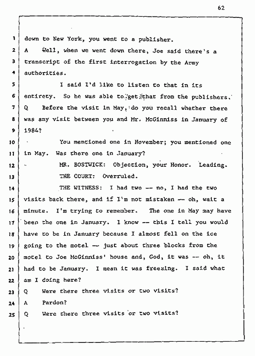 Los Angeles, California Civil Trial<br>Jeffrey MacDonald vs. Joe McGinniss<br><br>August 5, 1987:<br>Defendant's Witness: John Gay, p. 62