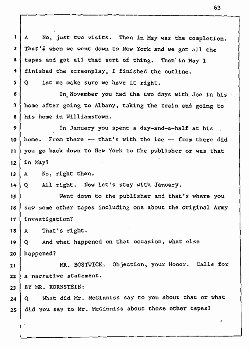 Los Angeles, California Civil Trial<br>Jeffrey MacDonald vs. Joe McGinniss<br><br>August 5, 1987:<br>Defendant's Witness: John Gay, p. 63