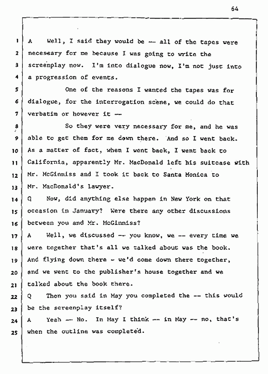 Los Angeles, California Civil Trial<br>Jeffrey MacDonald vs. Joe McGinniss<br><br>August 5, 1987:<br>Defendant's Witness: John Gay, p. 64