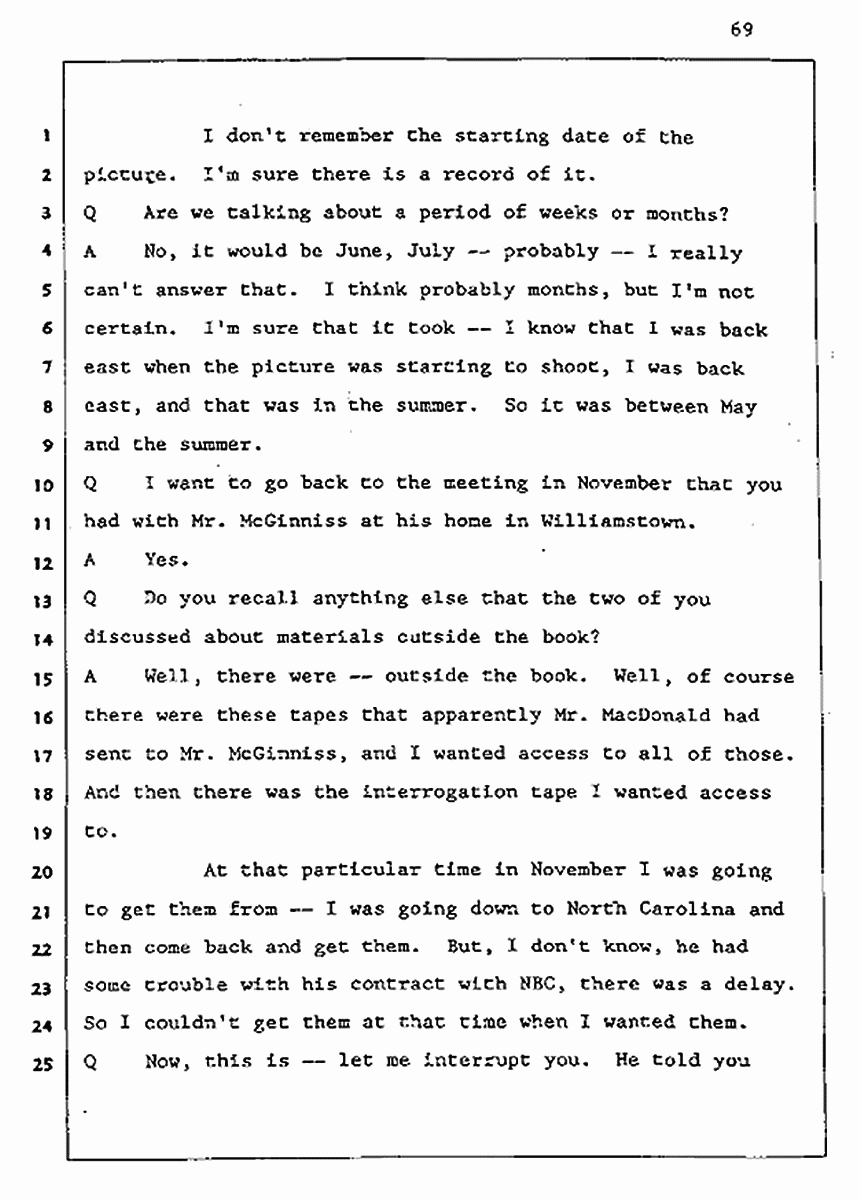 Los Angeles, California Civil Trial<br>Jeffrey MacDonald vs. Joe McGinniss<br><br>August 5, 1987:<br>Defendant's Witness: John Gay, p. 69