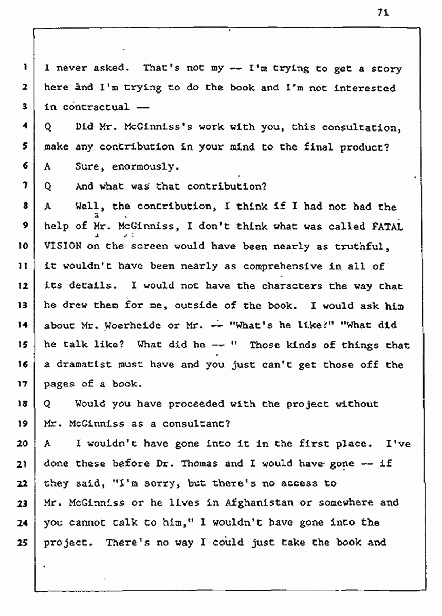 Los Angeles, California Civil Trial<br>Jeffrey MacDonald vs. Joe McGinniss<br><br>August 5, 1987:<br>Defendant's Witness: John Gay, p. 71