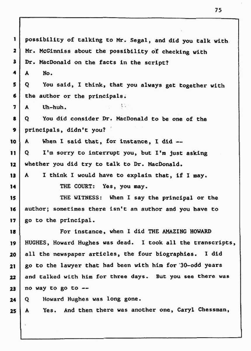Los Angeles, California Civil Trial<br>Jeffrey MacDonald vs. Joe McGinniss<br><br>August 5, 1987:<br>Defendant's Witness: John Gay, p. 75