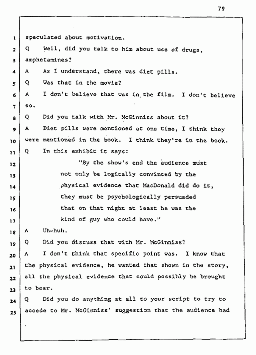 Los Angeles, California Civil Trial<br>Jeffrey MacDonald vs. Joe McGinniss<br><br>August 5, 1987:<br>Defendant's Witness: John Gay, p. 79