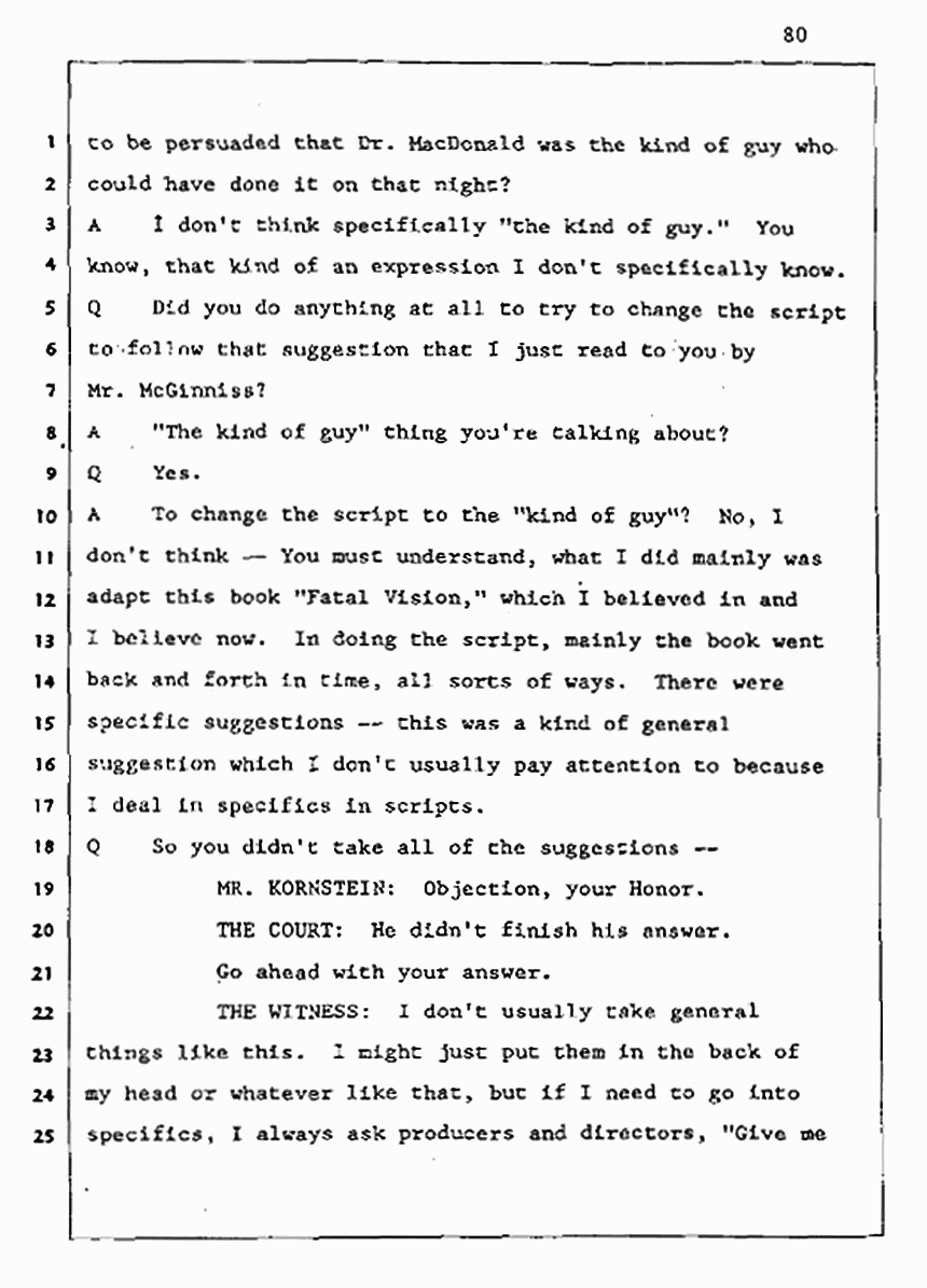 Los Angeles, California Civil Trial<br>Jeffrey MacDonald vs. Joe McGinniss<br><br>August 5, 1987:<br>Defendant's Witness: John Gay, p. 80