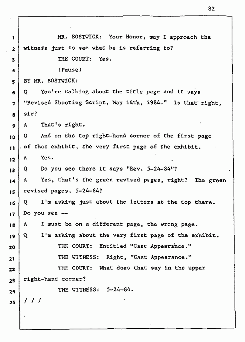 Los Angeles, California Civil Trial<br>Jeffrey MacDonald vs. Joe McGinniss<br><br>August 5, 1987:<br>Defendant's Witness: John Gay, p. 82