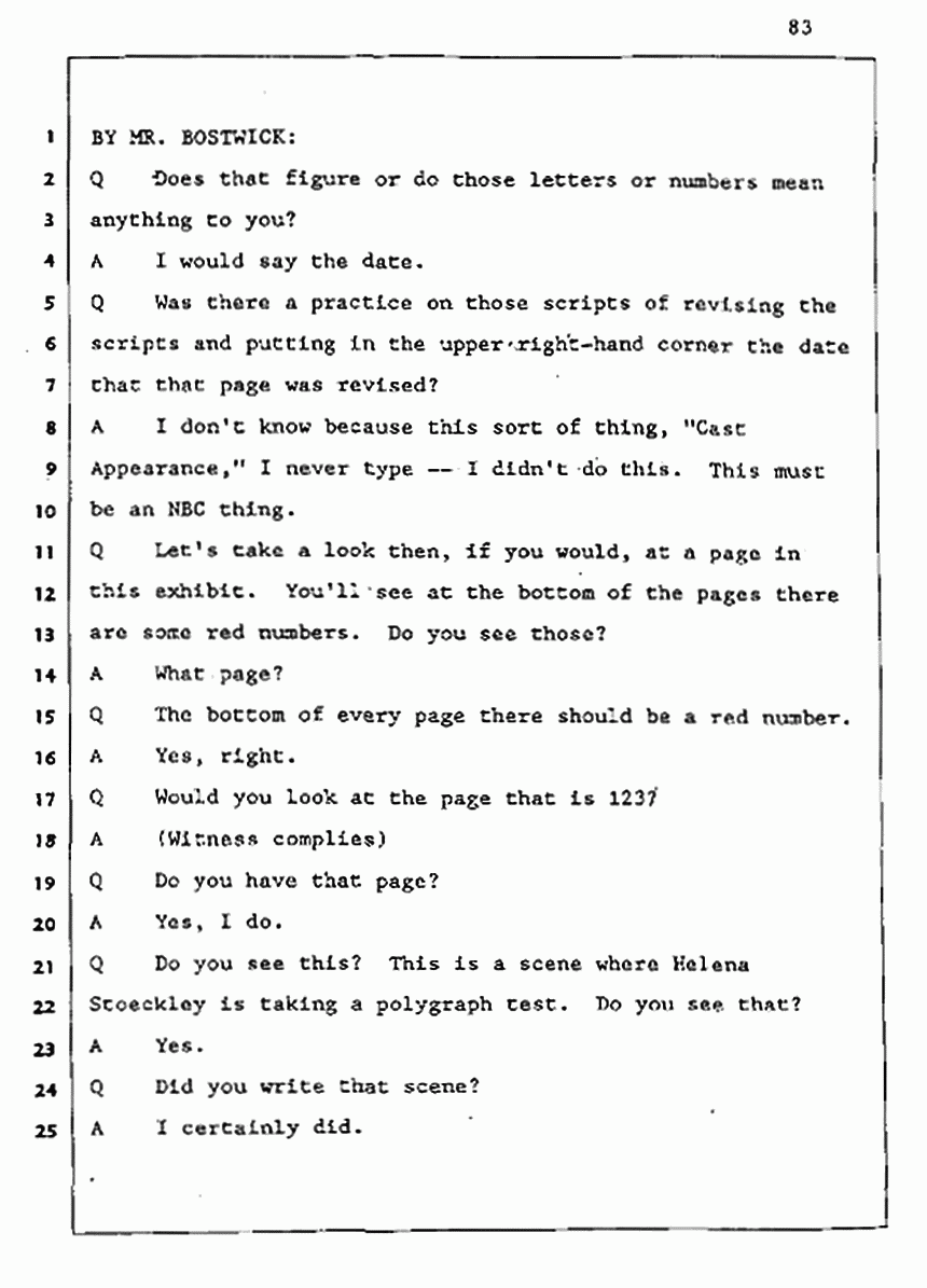 Los Angeles, California Civil Trial<br>Jeffrey MacDonald vs. Joe McGinniss<br><br>August 5, 1987:<br>Defendant's Witness: John Gay, p. 83