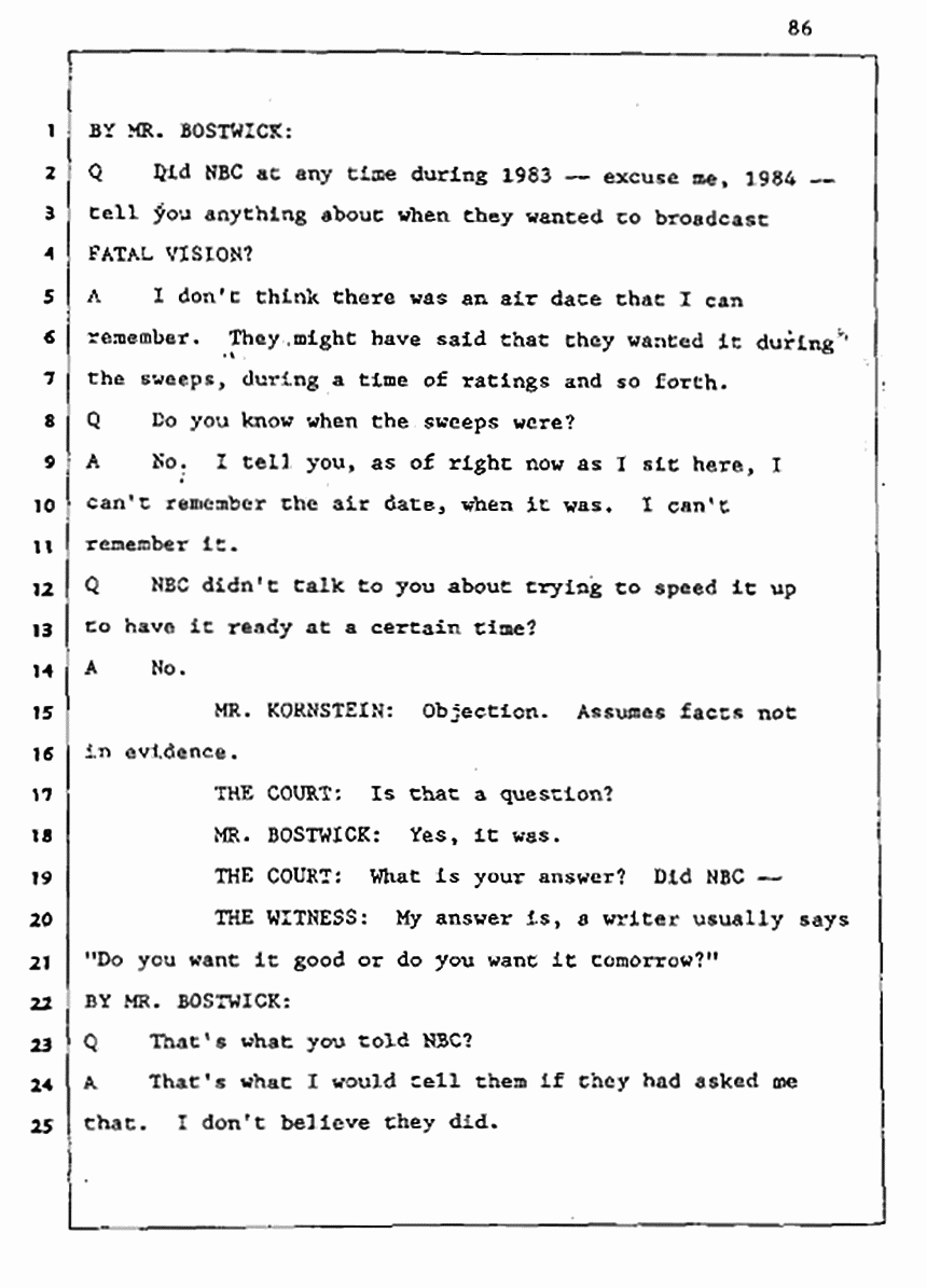Los Angeles, California Civil Trial<br>Jeffrey MacDonald vs. Joe McGinniss<br><br>August 5, 1987:<br>Defendant's Witness: John Gay, p. 86