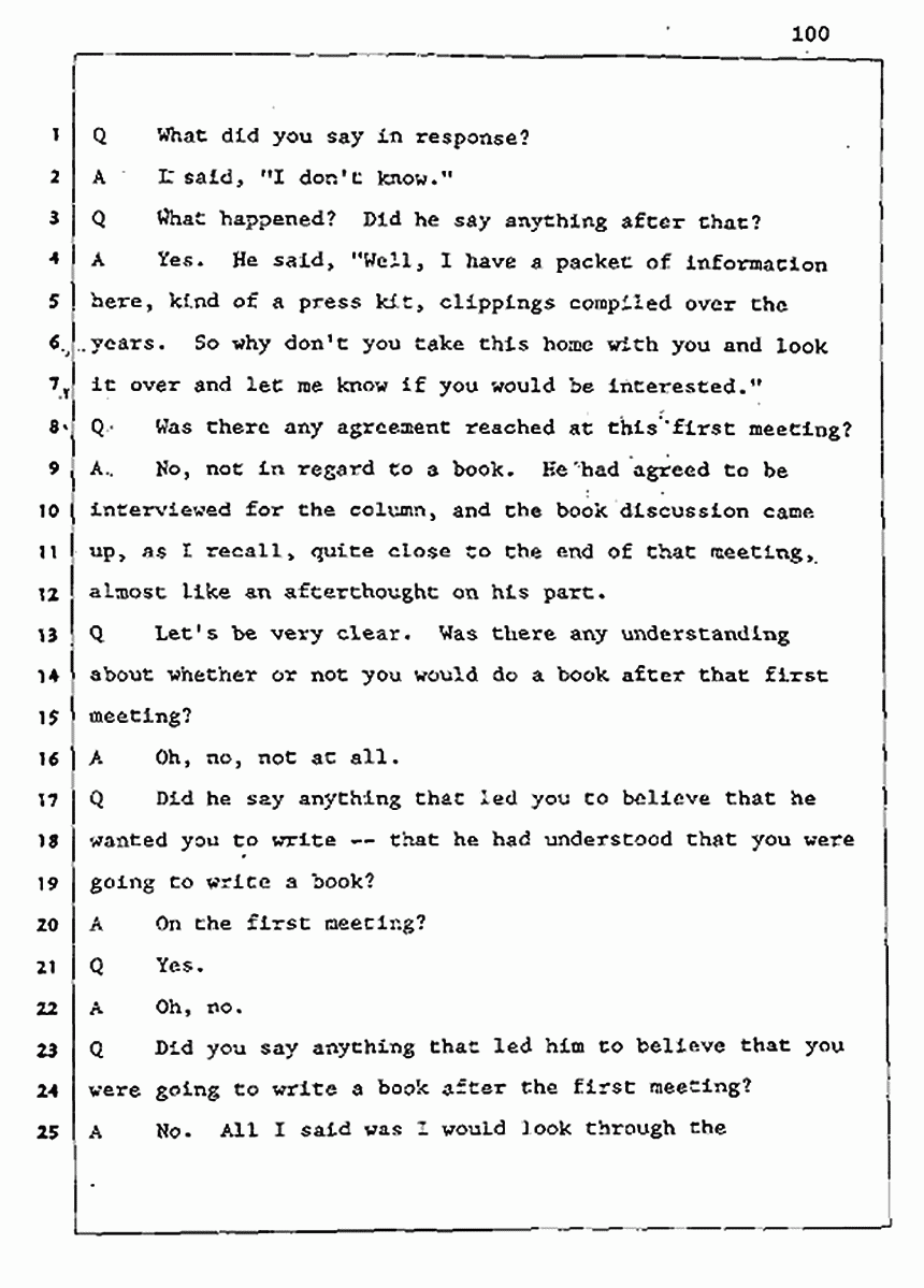 Los Angeles, California Civil Trial<br>Jeffrey MacDonald vs. Joe McGinniss<br><br>August 5, 1987:<br>Defendant's Witness: Joe McGinniss, p. 100