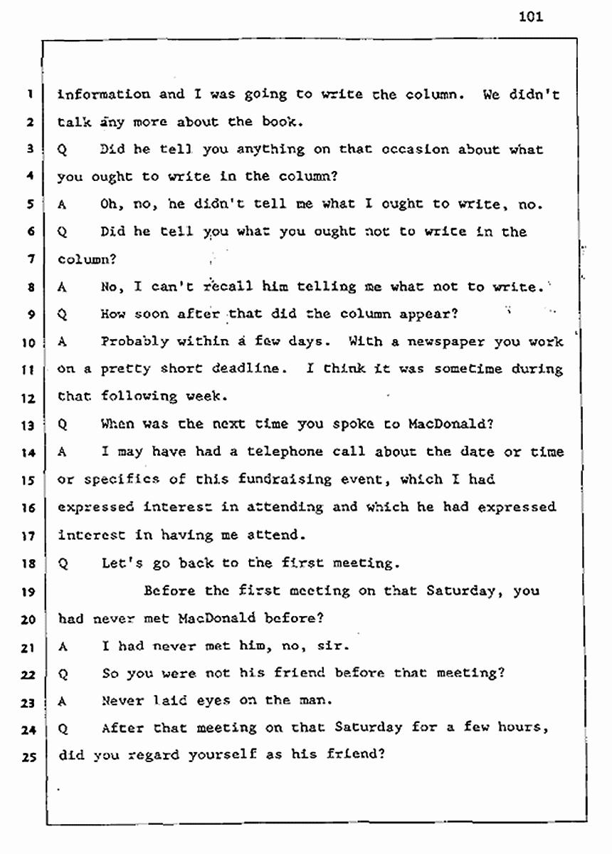 Los Angeles, California Civil Trial<br>Jeffrey MacDonald vs. Joe McGinniss<br><br>August 5, 1987:<br>Defendant's Witness: Joe McGinniss, p. 101