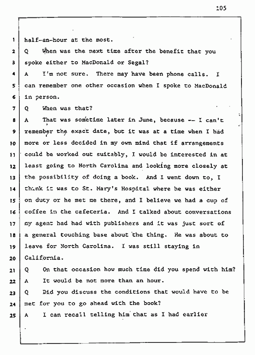 Los Angeles, California Civil Trial<br>Jeffrey MacDonald vs. Joe McGinniss<br><br>August 5, 1987:<br>Defendant's Witness: Joe McGinniss, p. 105