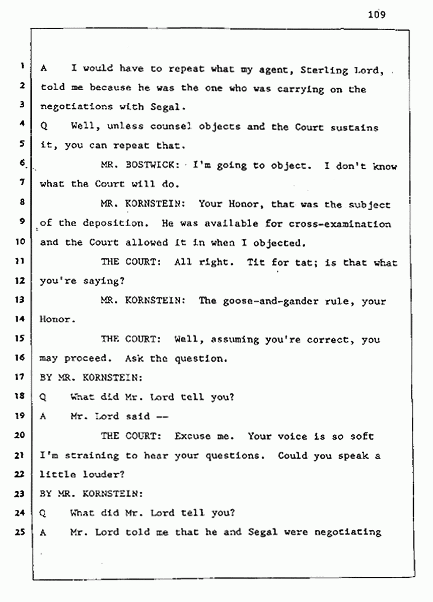 Los Angeles, California Civil Trial<br>Jeffrey MacDonald vs. Joe McGinniss<br><br>August 5, 1987:<br>Defendant's Witness: Joe McGinniss, p. 109