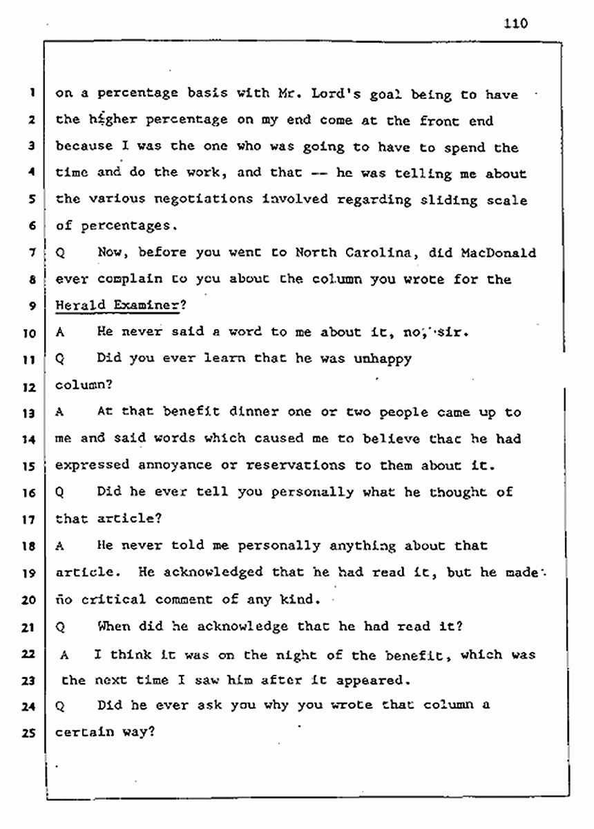 Los Angeles, California Civil Trial<br>Jeffrey MacDonald vs. Joe McGinniss<br><br>August 5, 1987:<br>Defendant's Witness: Joe McGinniss, p. 110