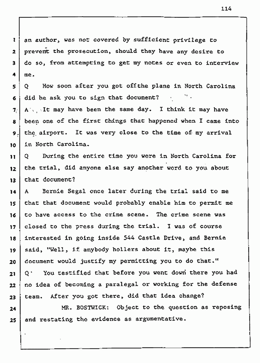 Los Angeles, California Civil Trial<br>Jeffrey MacDonald vs. Joe McGinniss<br><br>August 5, 1987:<br>Defendant's Witness: Joe McGinniss, p. 114