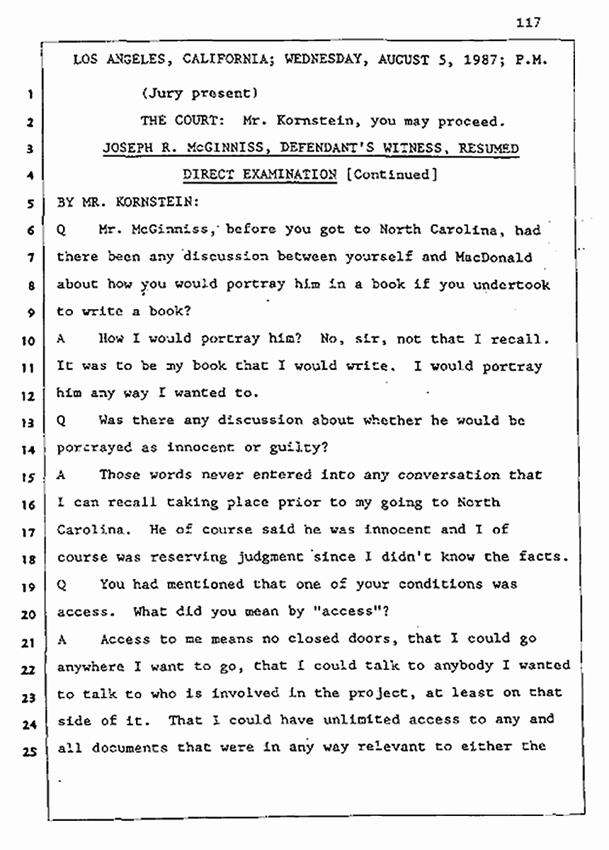 Los Angeles, California Civil Trial<br>Jeffrey MacDonald vs. Joe McGinniss<br><br>August 5, 1987:<br>Defendant's Witness: Joe McGinniss, p. 117