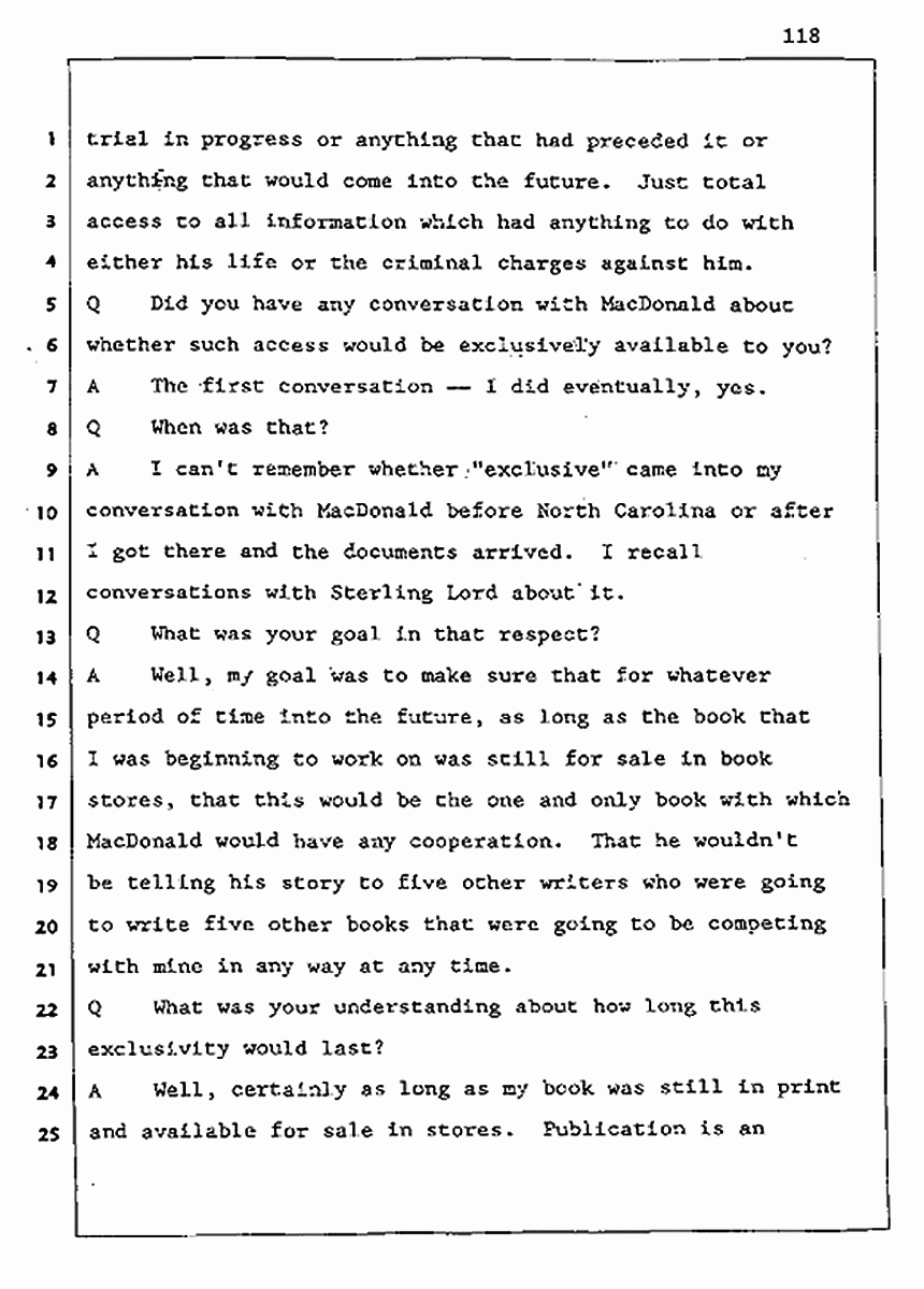 Los Angeles, California Civil Trial<br>Jeffrey MacDonald vs. Joe McGinniss<br><br>August 5, 1987:<br>Defendant's Witness: Joe McGinniss, p. 118