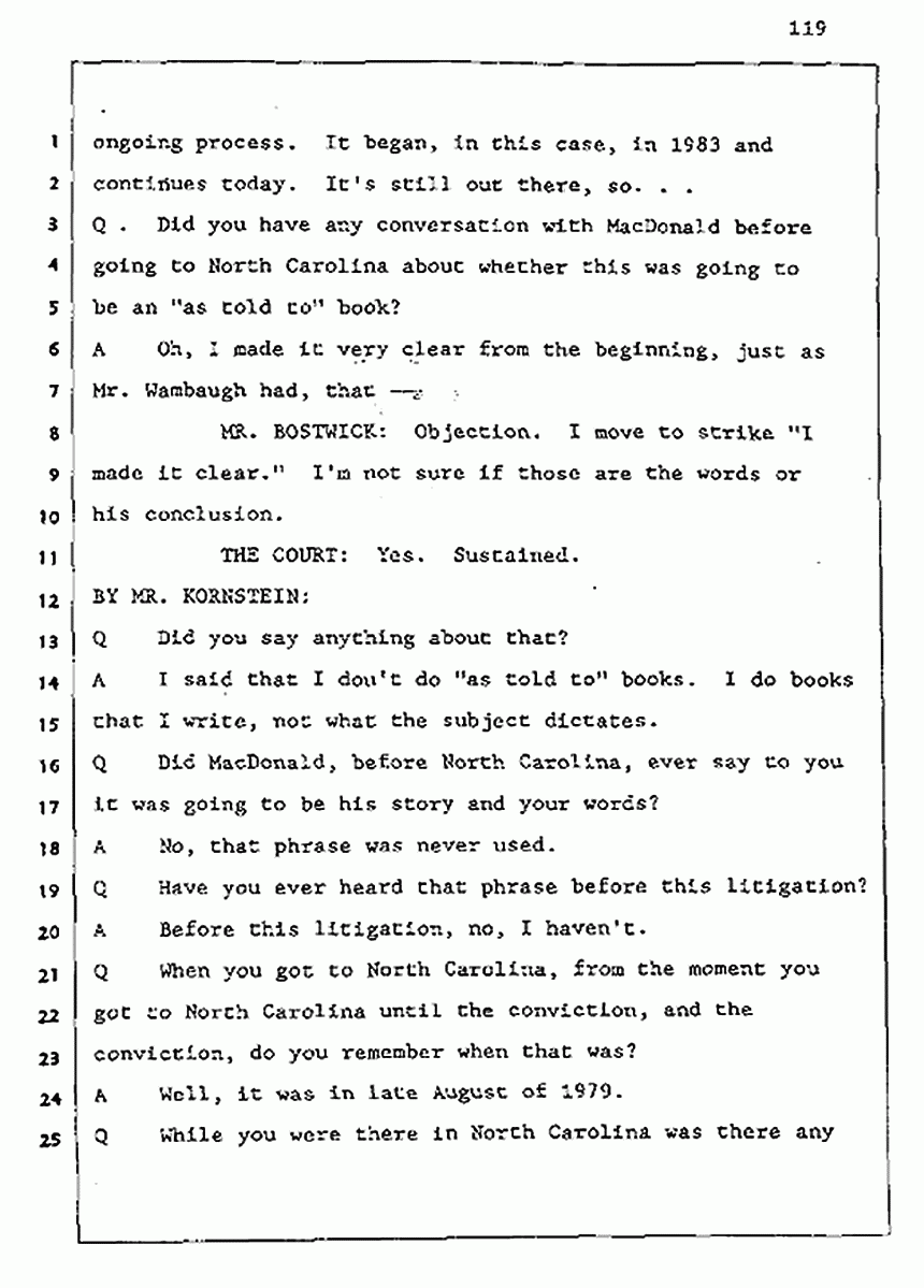 Los Angeles, California Civil Trial<br>Jeffrey MacDonald vs. Joe McGinniss<br><br>August 5, 1987:<br>Defendant's Witness: Joe McGinniss, p. 119